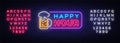 Happy Hour neon banner vector design template. Happy Hour neon text, light banner design element colorful modern design Royalty Free Stock Photo