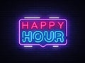 Happy Hour neon sign vector design template. Happy Hour neon logo, light banner design element colorful modern design