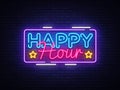 Happy Hour neon sign vector design template. Happy Hour neon logo, light banner design element colorful modern design Royalty Free Stock Photo