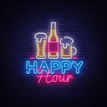 Happy Hour neon sign vector. Happy Hour Design template neon sign, Night Dinner, celebration light banner, neon Royalty Free Stock Photo