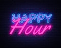 Happy Hour Neon Text Vector. Happy Hour neon sign, design template, modern trend design, night neon signboard, night Royalty Free Stock Photo