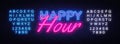 Happy Hour Neon Text Vector. Happy Hour neon sign, design template, modern trend design, night neon signboard, night Royalty Free Stock Photo