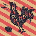 Happy Hour New Vintage Label With Crowing Rooster Drawing.