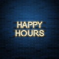Happy hours sale vector advertisement, glowing neon realistic te