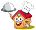 Happy house cartoon funny character chef cook tray serving isolated
