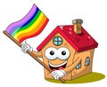 Happy house cartoon funny character rainbow peace flag waving isolated