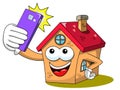 Happy house cartoon funny character smartphone or cellular selfie photo isolated