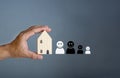 Happy house concept. Hand holding a smiling model house. Indicates happiness and love in the house Royalty Free Stock Photo