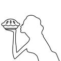 Happy housewife logo. Housewife holding sweet baked pie line icon