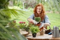 Happy housewife replanting flowers