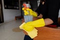 Happy housewives in rubber gloves with dust-wiping equipment, aerosol cleaners ready cleaning. concept do housework Royalty Free Stock Photo