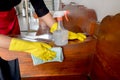 The happy housewives in rubber gloves wipe the dust with a spray while cleaning the tables and chairs cleaning concept