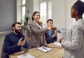 Happy HR manager shaking hands with a candidate after a successful job interview Royalty Free Stock Photo