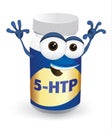 Happy 5-HTP cartoon character laughing, cute and funny food supplement bottle with a big smile, on a white background.