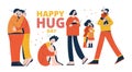 Happy Hug Day greeting card. Set of cute embracing people. Collection of couple, parent, children who love each other