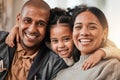 Happy, hug and portrait of a child with her parents in the living room of their family home. Happiness, smile and sweet Royalty Free Stock Photo