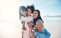 Happy, hug and portrait of family at the beach, walking and bonding together as a female generation. Smile, affection Royalty Free Stock Photo