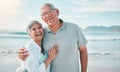 Happy, hug or portrait of old couple on beach with love, care or support on summer vacation holiday in nature Royalty Free Stock Photo