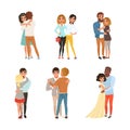 Happy hugging couples in love set. Lesbian, homosexual and heterosexual people vector illustration Royalty Free Stock Photo