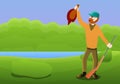 Happy hunter shooting duck concept banner, cartoon style