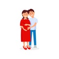 Happy husband hugging his pregnant wife. Family couple expecting baby born. Young woman and man in casual outfit Royalty Free Stock Photo