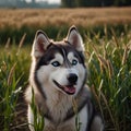 Happy husky dog on nature in a field