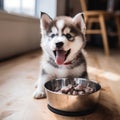 A happy husky puppy eagerly eating its kibble from a bowl by AI generated