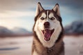 happy husky sled dog with tongue out, panting after a run