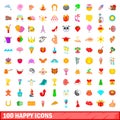 100 happy icons set, cartoon style