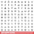 100 happy icons set, outline style