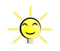 Happy idea, illuminated cartoon light bulb, yellow and black, lighting. Royalty Free Stock Photo