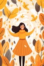 Women happy cute art leaf character fall autum active cartoon meditating nature