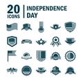 Happy independence day, american flag national freedom patriotism icons set silhouette style Royalty Free Stock Photo