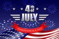 Happy Independence Day background with waving US national flag, stars, stripes and fireworks. Template for 4th of July Royalty Free Stock Photo