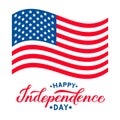 Happy Independence Day calligraphy hand lettering and USA flag isolated on white. 4th of July celebration poster. Easy to edit Royalty Free Stock Photo