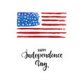 Happy Independence Day card. American Independence Typography card. Modern brush calligraphy text on watercolor American flag Royalty Free Stock Photo