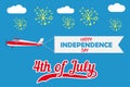 Happy Independence Day card with plane with flying banner and fireworks. United states of America celebrates - 4th of July. Vector Royalty Free Stock Photo