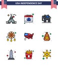 Happy Independence Day 9 Flat Filled Lines Icon Pack for Web and Print thanksgiving; american; elephent; western; decoration