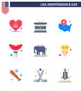 Happy Independence Day 9 Flats Icon Pack for Web and Print elephent; frankfurter; st; food; wisconsin