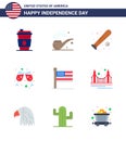 Big Pack of 9 USA Happy Independence Day USA Vector Flats and Editable Symbols of united; flag; baseball; wine glass; beer