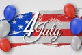 Happy Independence Day. Greeting card for 4th of July. Grunge brush. Text banner on USA flag background. Colorful air balloon. Royalty Free Stock Photo