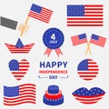 Happy independence day icon set. United states of America. 4th of July. Waving, crossed american flag, heart, round, cake, badge w Royalty Free Stock Photo