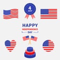 Happy independence day icon set. United states of America. 4th of July. Waving, crossed american flag, heart, round circle shape, Royalty Free Stock Photo