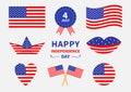 Happy independence day icon set. United states of America. 4th of July. Waving, crossed american flag, heart, round shape, cake, b Royalty Free Stock Photo