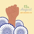 Happy independence day india, raised hand with wheels greeting card design