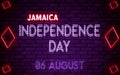 Happy Independence Day of Jamaica, 06 August. World National Days Neon Text Effect on bricks background
