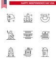 Happy Independence Day 9 Lines Icon Pack for Web and Print buntings; statue; washington; of; landmarks