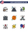 Happy Independence Day Pack of 9 Flat Filled Lines Signs and Symbols for ball; st; feather; parade; instrument Royalty Free Stock Photo