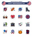 Happy Independence Day Pack of 16 Flat Filled Lines Signs and Symbols for heart; imerican; international flag; glasses; american