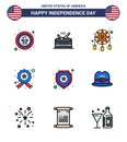 Happy Independence Day Pack of 9 Flat Filled Lines Signs and Symbols for shield; star; parade; investigating; western Royalty Free Stock Photo